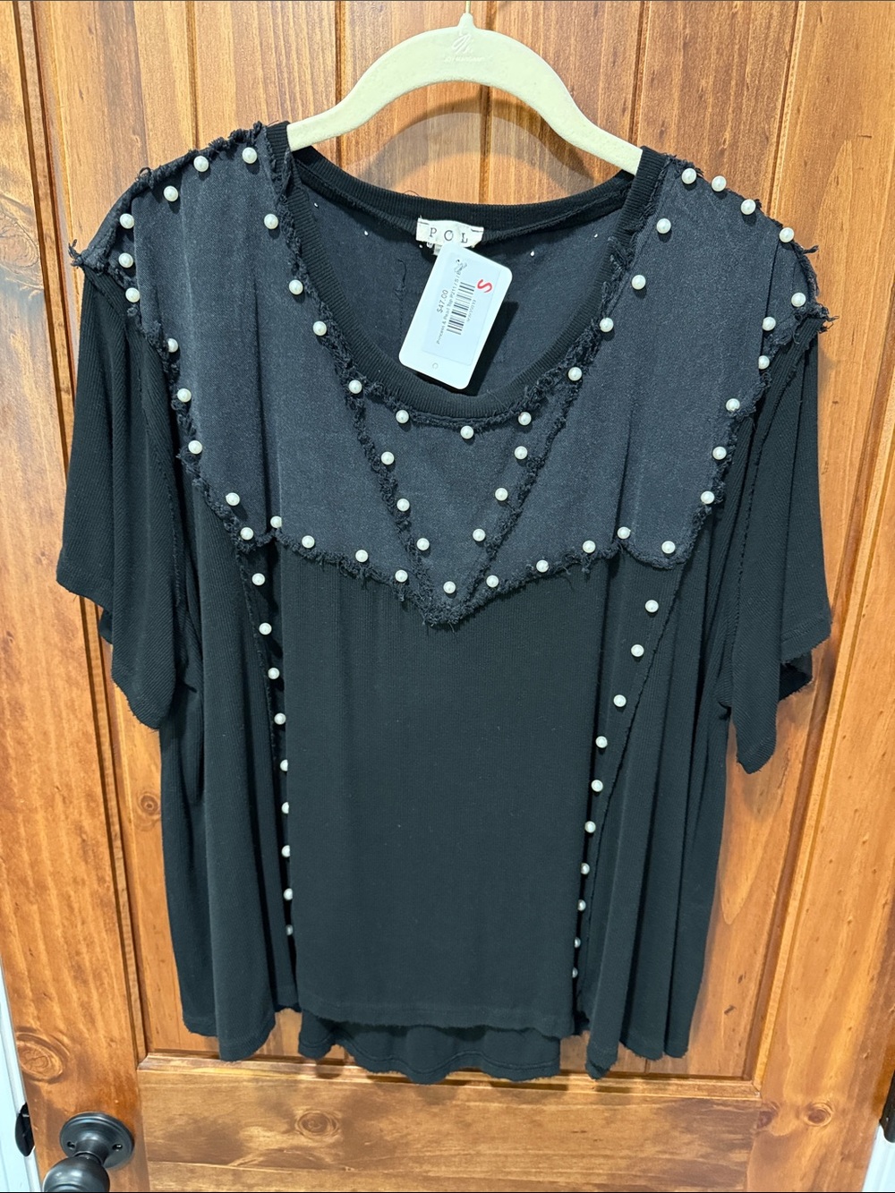 POL Black Short-Sleeve Top with Pearl Trim